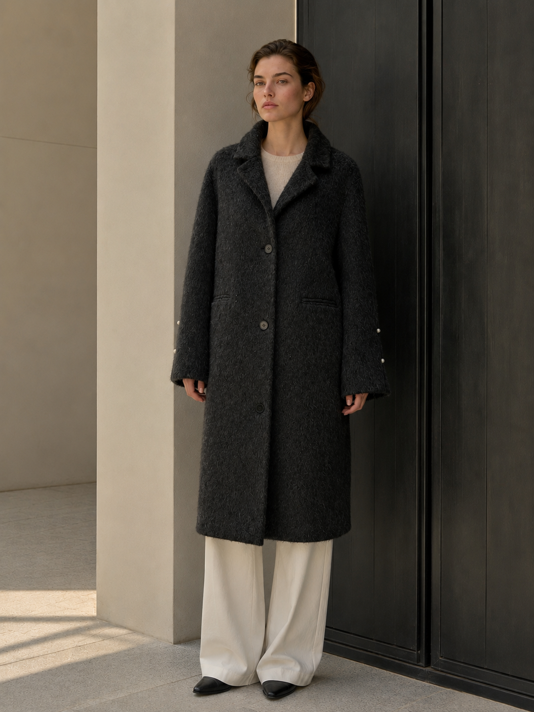Elegant Women's Woven Textured Wool Blend Breathable Long Detachable Collar Minimalist Single Button Winter Overcoat Office Lady GC0020