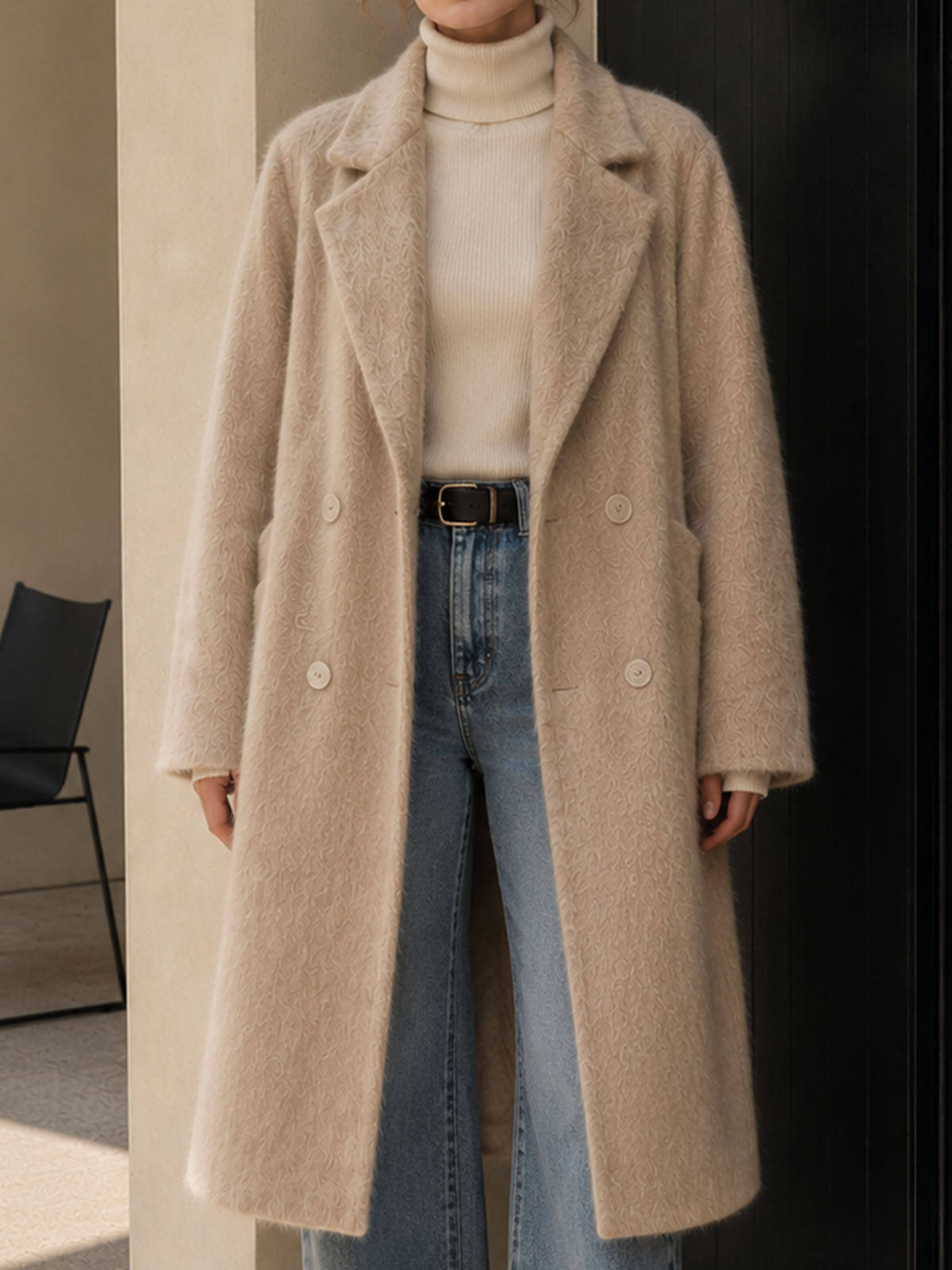 Women's Winter Vintage Woolen Cashmere Alpaca Blend Double Breasted Belted Coat Elegant Regular Overcoat Solid Pattern Made GC0048