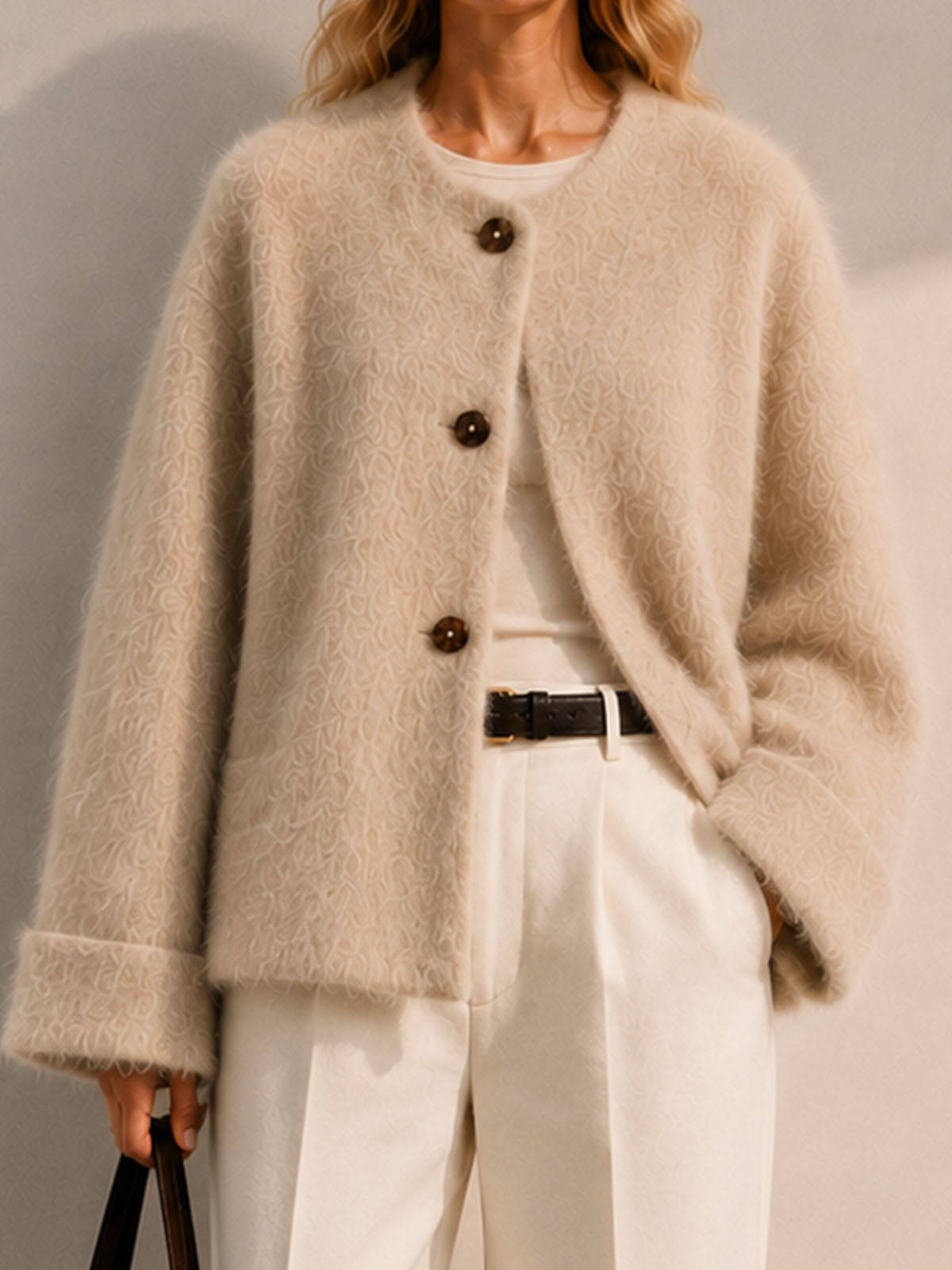 Women's Brushed Wool Cashmere Blend Elegant Single Breasted Button Collarless Winter Jacket Soft Hairy Texture GC0037