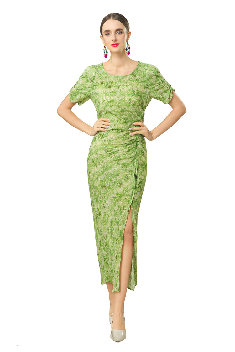 Plus Size 2026 Summer French Fresh Dress, Green Print Crew Neck Short Sleeve Waist Ruched Slit Hem Women Dress