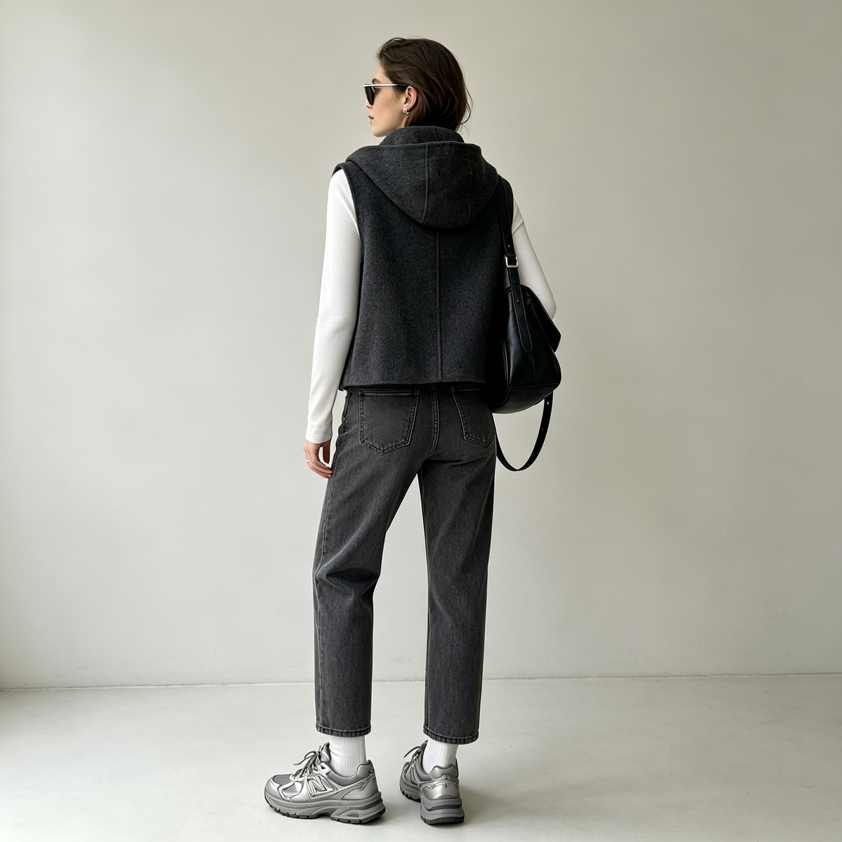 Ladies Woven Cashmere Wool Sleeveless Vest Autumn Double Face Hooded Normcore/Minimalist 8631