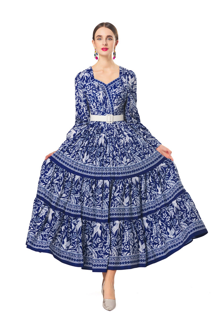 Plus Size 2026 New New Chinese Style Dress, Chinese Porcelain Print French Collar Scarf‑Neck Belted Pleated Women Dress