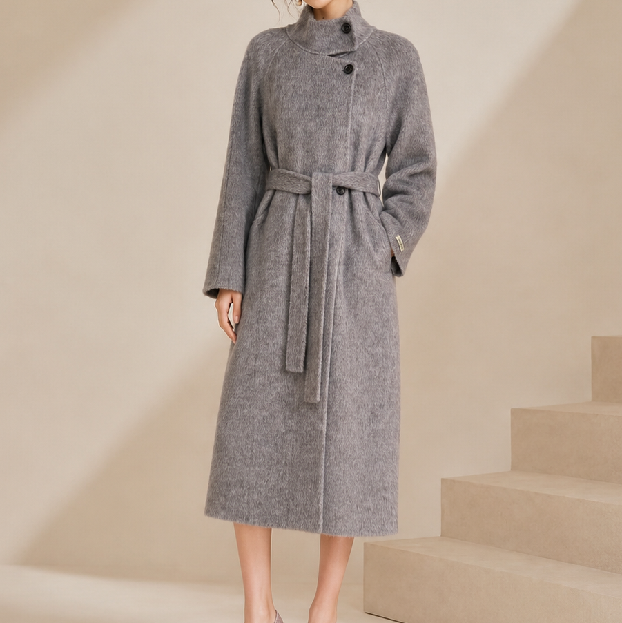 New Arrival Winter Women's Korean Style Casual Wool Stand Collar Belted Long Coat Apparel Stock 2562