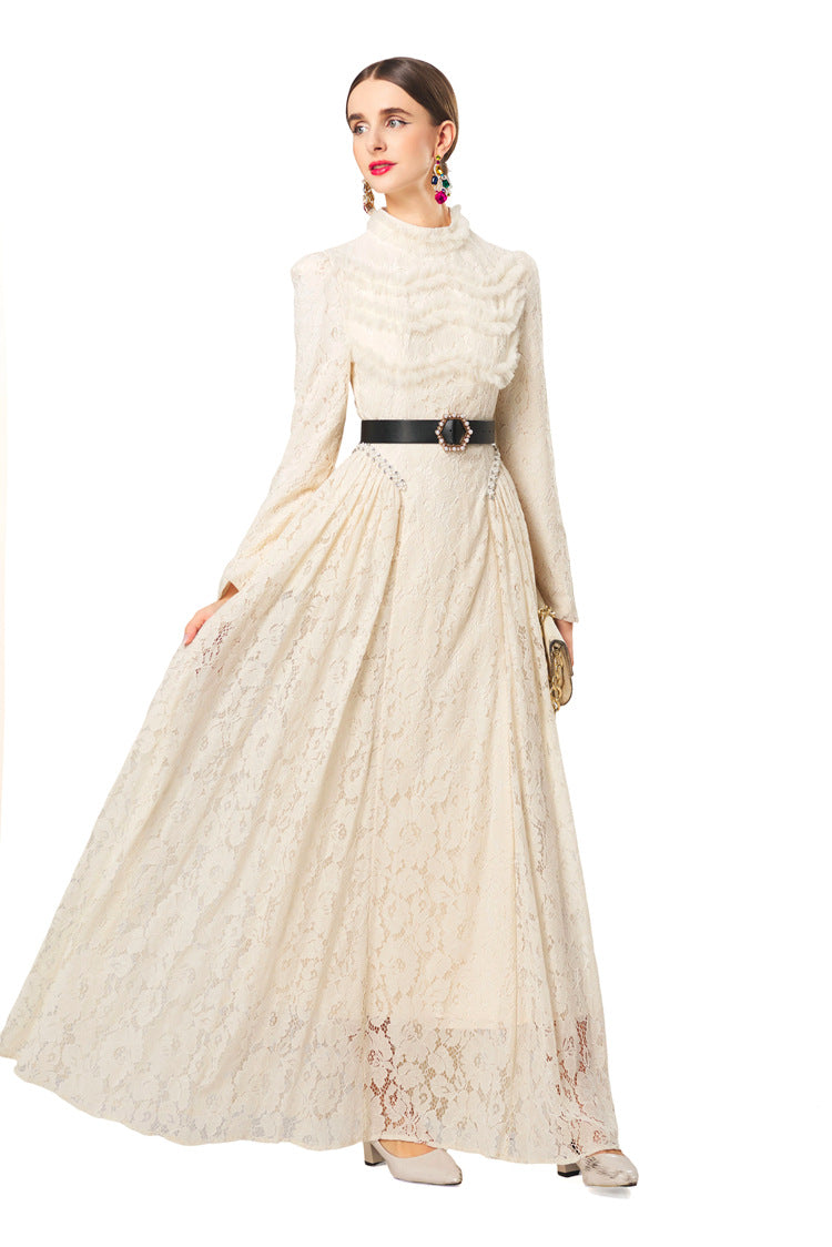 Plus Size Women Romantic Dress, Pearl Lace Floral Ruffle Crew Neck Cow Horn Shoulder Belted Long Sleeve Swing Dress