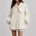 Sweet Ladies Fox Fur Cuff Woven Coat with Bowtie & Button Detail Wool Blend for Spring Autumn Fashion Korean Style L26152