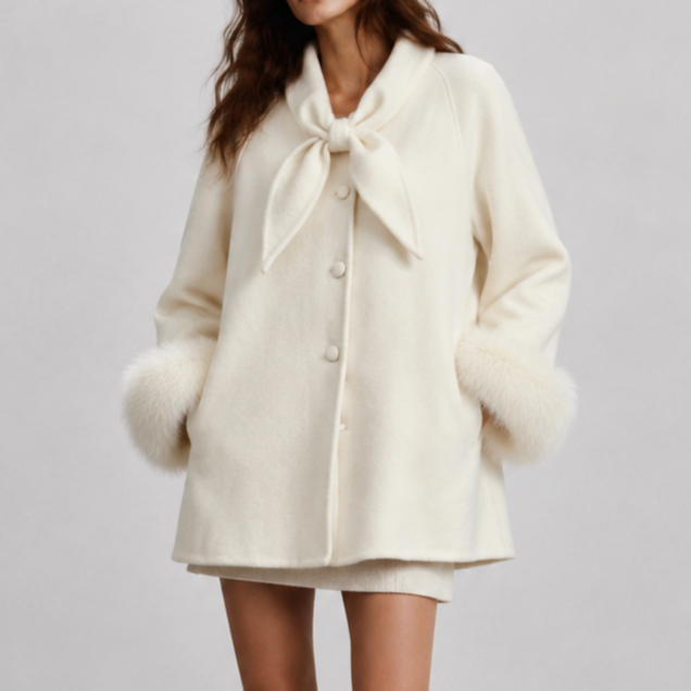 Sweet Ladies Fox Fur Cuff Woven Coat with Bowtie & Button Detail Wool Blend for Spring Autumn Fashion Korean Style L26152