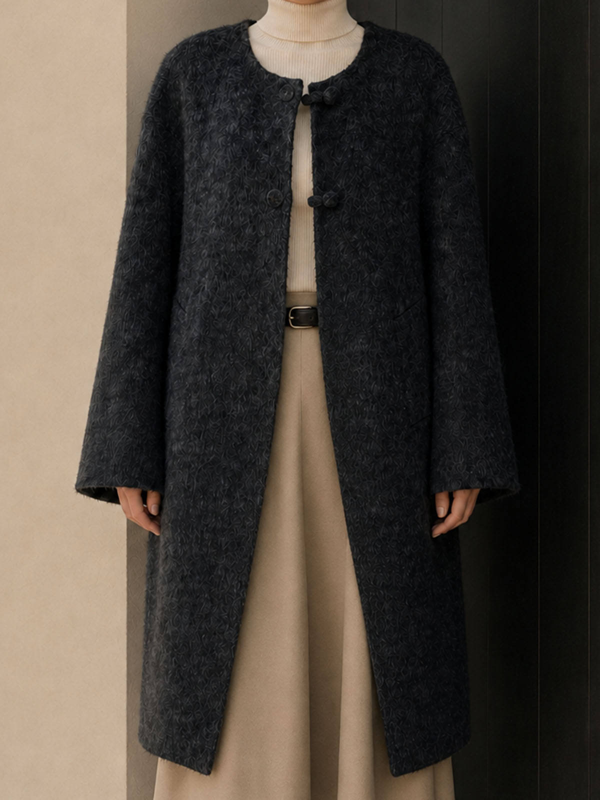 Women's Eco-Friendly Woolen Fluffy Thick Single Breasted Casual Winter Coat with O-Neck for Office in Cashmere GC0018