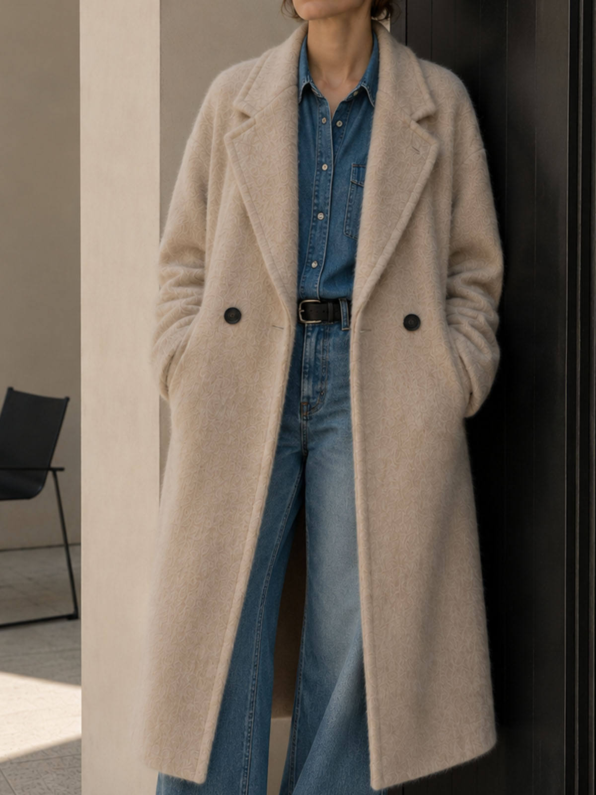 Women's Alpaca Blend Double Breasted Long Coat Stand Collar Thick Elegant Hairy Wool Winter Overcoat GC0050