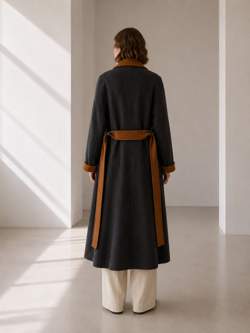 2026 New Arrival Winter Women's Charcoal Wool Coat Integrated Scarf Single Button Minimalist Longline Overcoat Thick GC0005