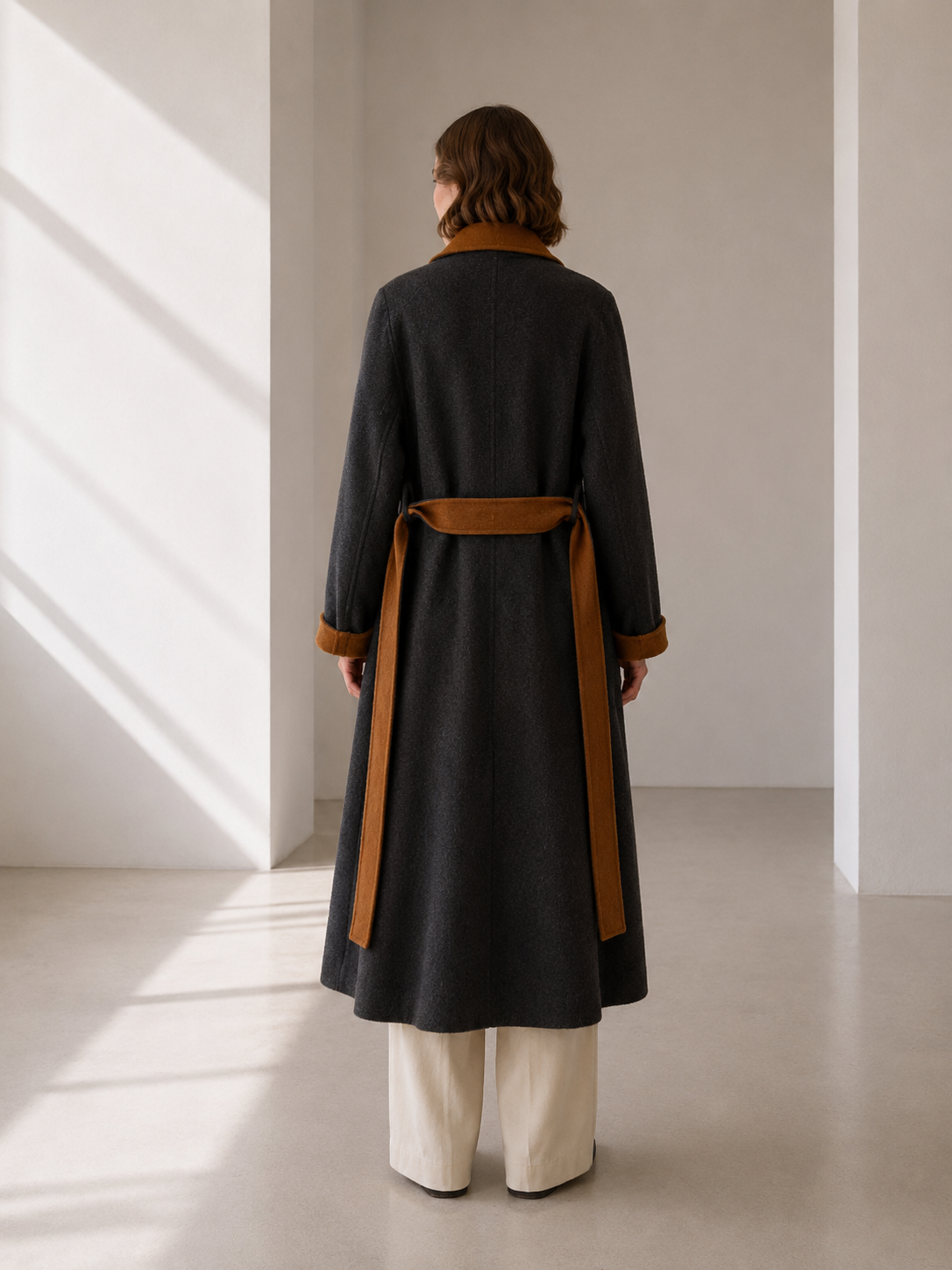 2026 New Arrival Winter Women's Charcoal Wool Coat Integrated Scarf Single Button Minimalist Longline Overcoat Thick GC0005