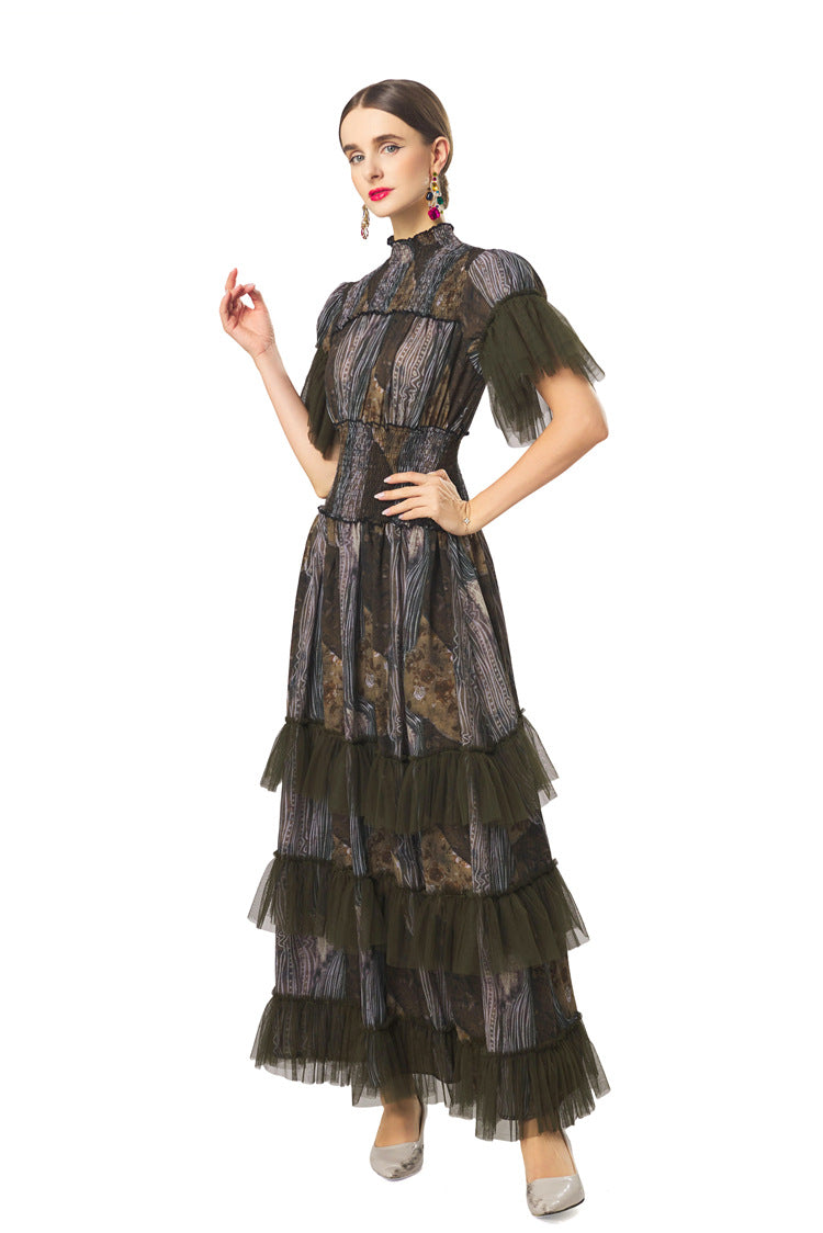 Plus Size Women Elegant Luxury Dress, Splice Mesh Stand Collar Waist Cinched Multi‑Layer Cake Skirt