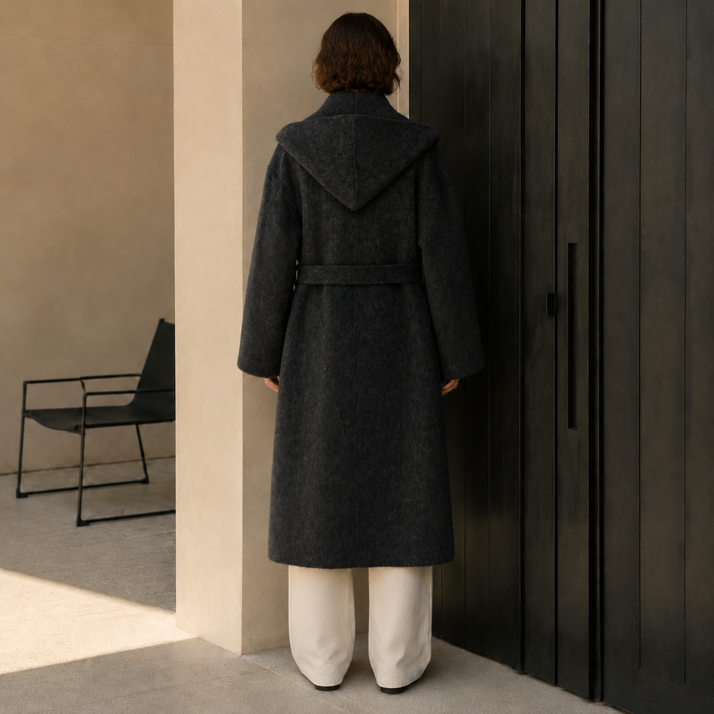 Elegant Woolen Cashmere Women's Thick Woven Solid Pattern Full Sleeve Hooded Collar Trench Coat New Design for Winter Long GC0014 