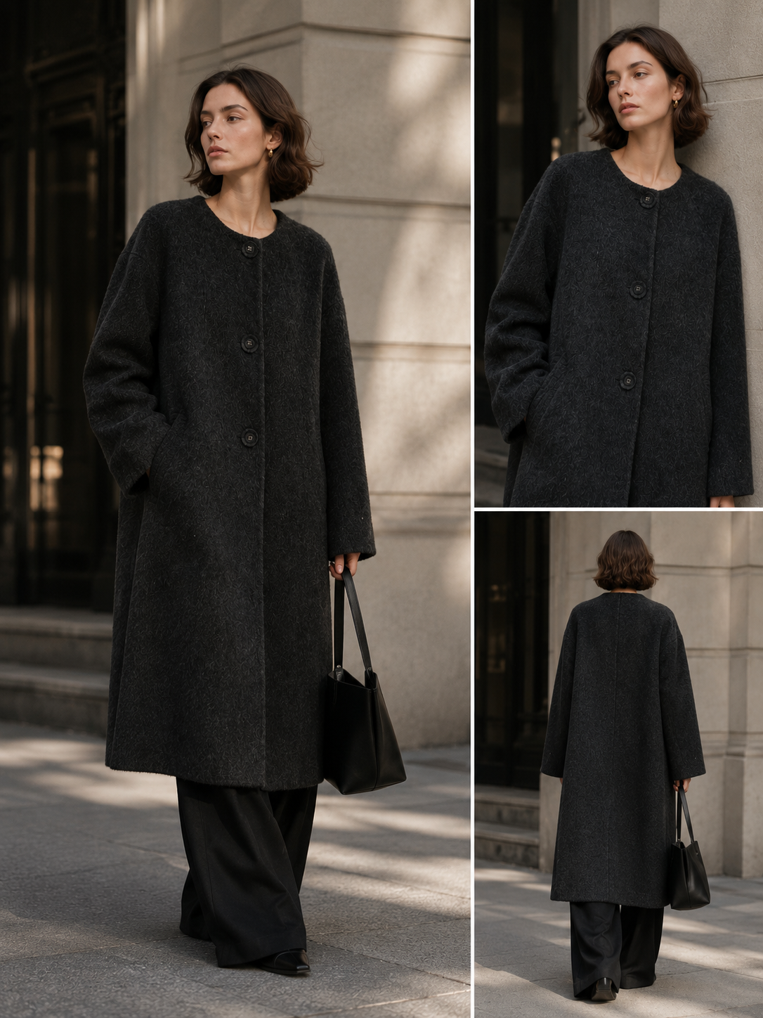 Women's Alpaca Blend Collarless Long Coat Casual Elegant Hairy Wool Winter Overcoat Single Button Thick Solid Color GC0004
