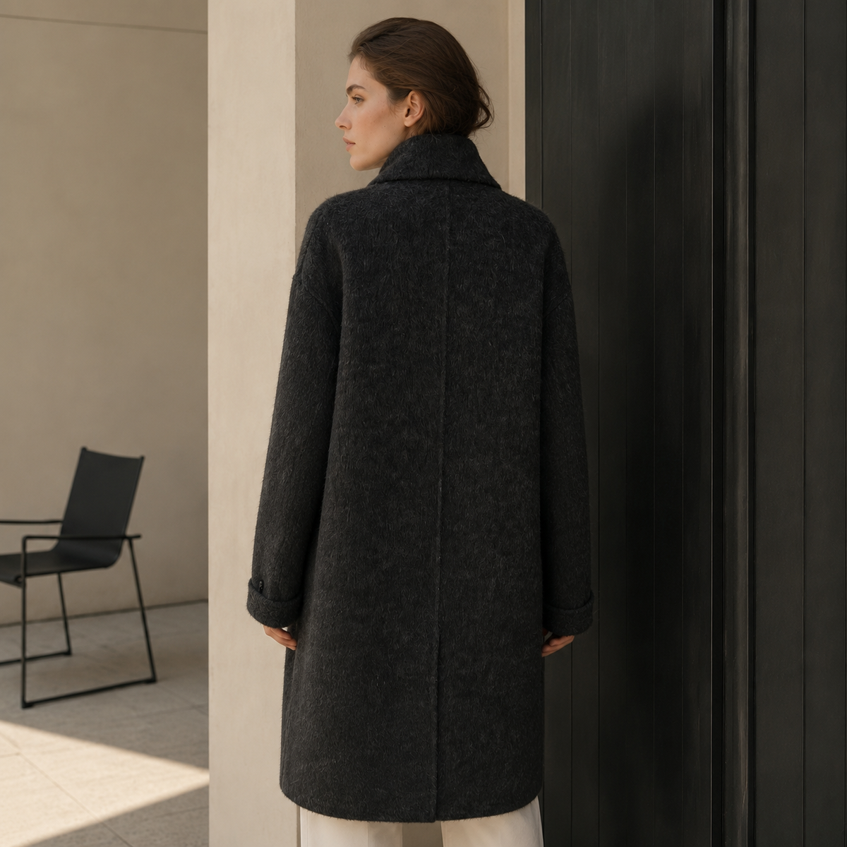Women's Eco-Friendly Winter Double Breast Woolen Overcoat Casual Solid Long Coat Filled Cotton Lined Polyester Button Detail GC0019