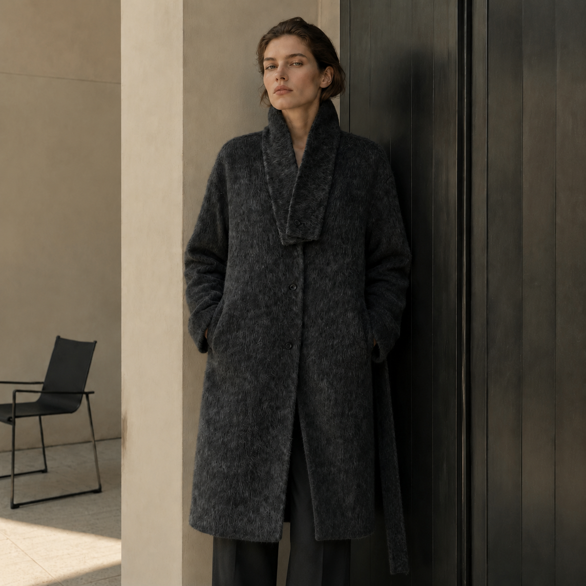 Women Single Button Long Overcoat Charcoal High Street Elegant Winter Fashion Coat with Scarf Wool Down Filled GC0027
