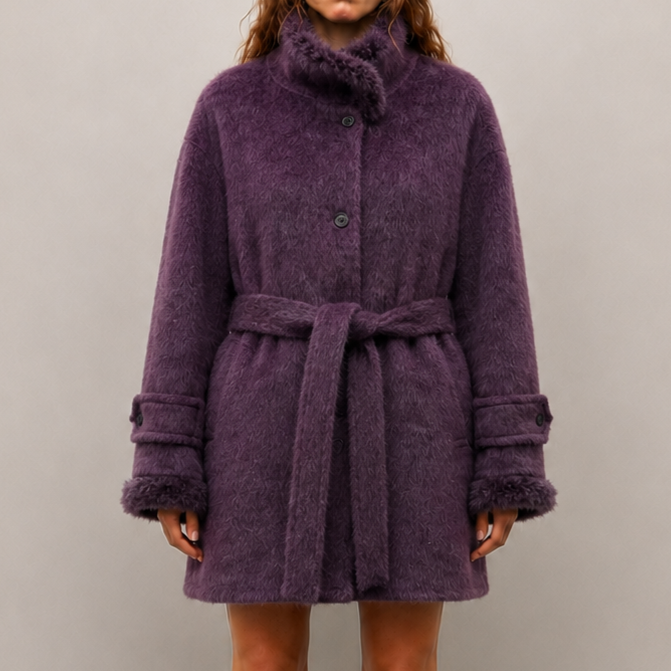 Women's Wool Woven Coat with Belt Closure Breathable Stand Collar Midi Length Casual Winter Designer Clothing H2751