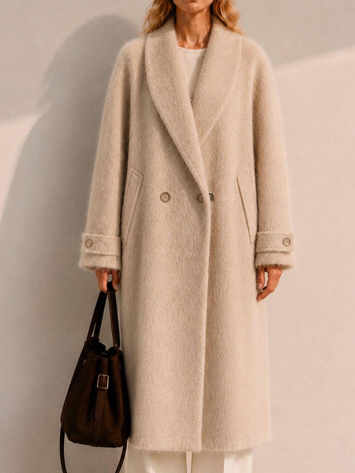 Women's Double Breasted Knitted Brushed Cashmere Hand-knitted Button Oversized Regular Winter Coat Elegant Full Sleeve Design GC0045