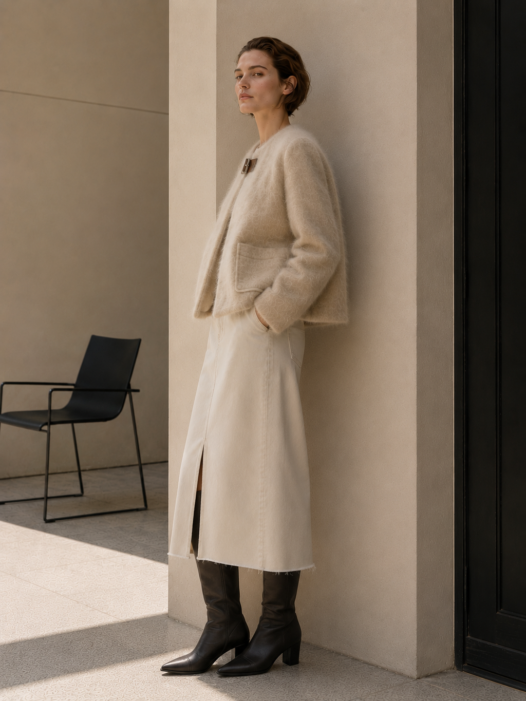  Women's Winter Woolen Collarless Mohair Blend Open Front Elegant Solid Color Full Sleeve Regular Length Jacket Leather Buckle GC0039