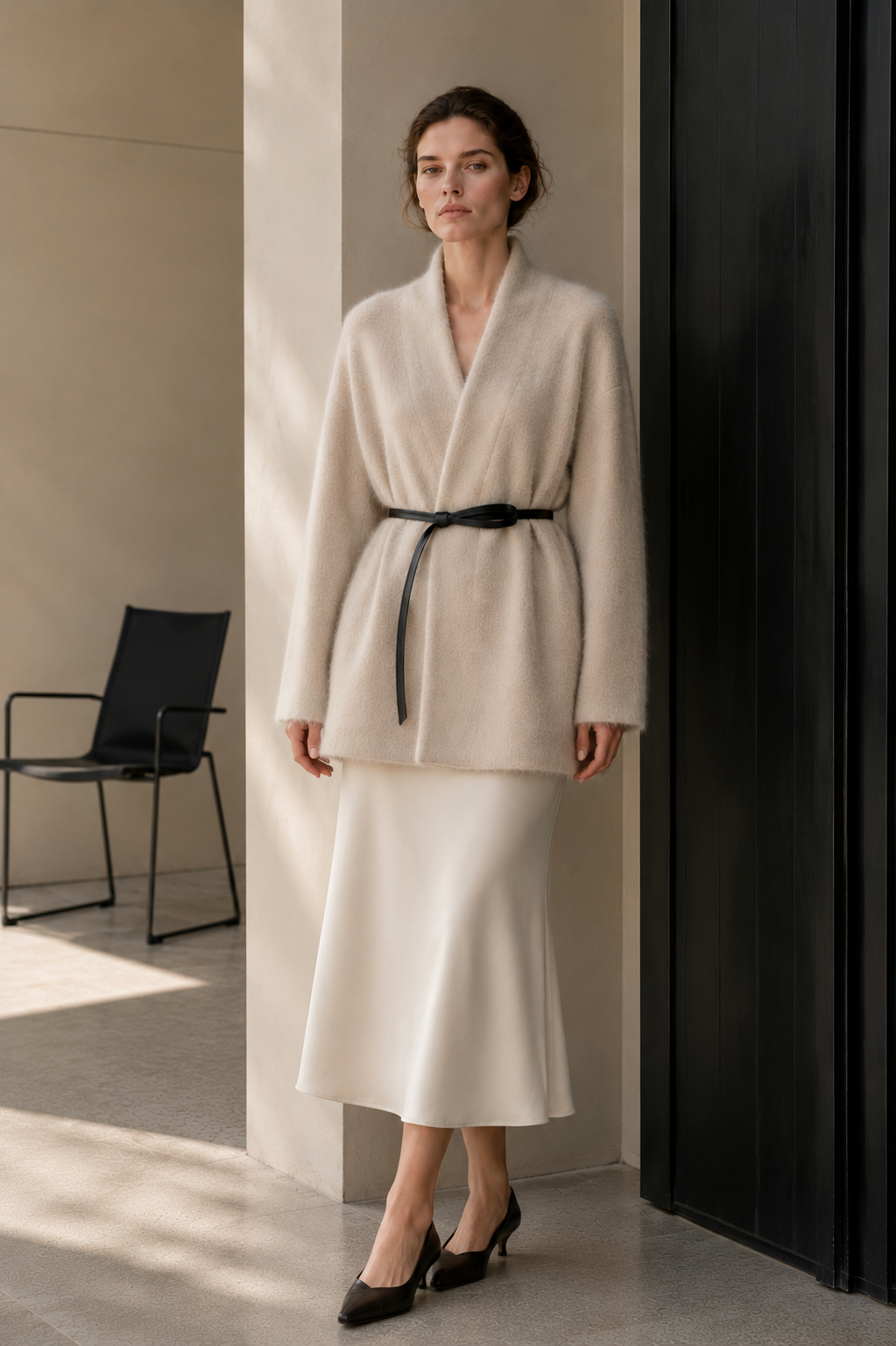 Women's Winter Wool Blend Fuzzy Thick Solid Color Hand-sewn Coat Belted Long Hair Minimalist Luxury Outerwear GC0044
