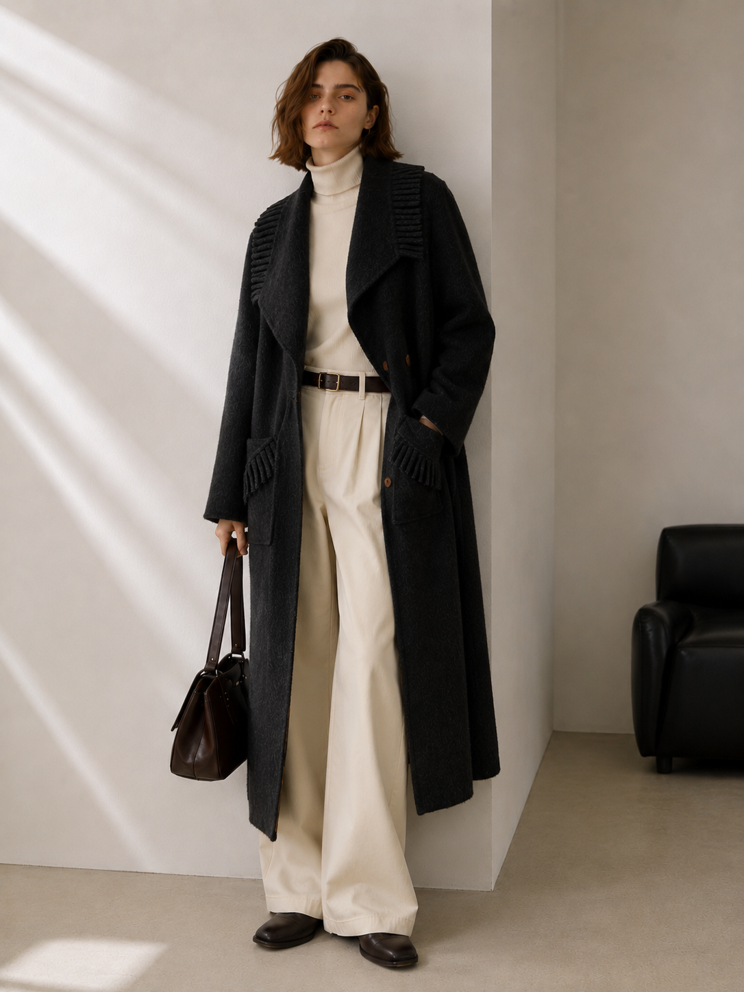 Women's Belted Cashmere Wool Blend Long Coat with Pleated Detail Elegant Winter Overcoat Hand Sewn GC0007