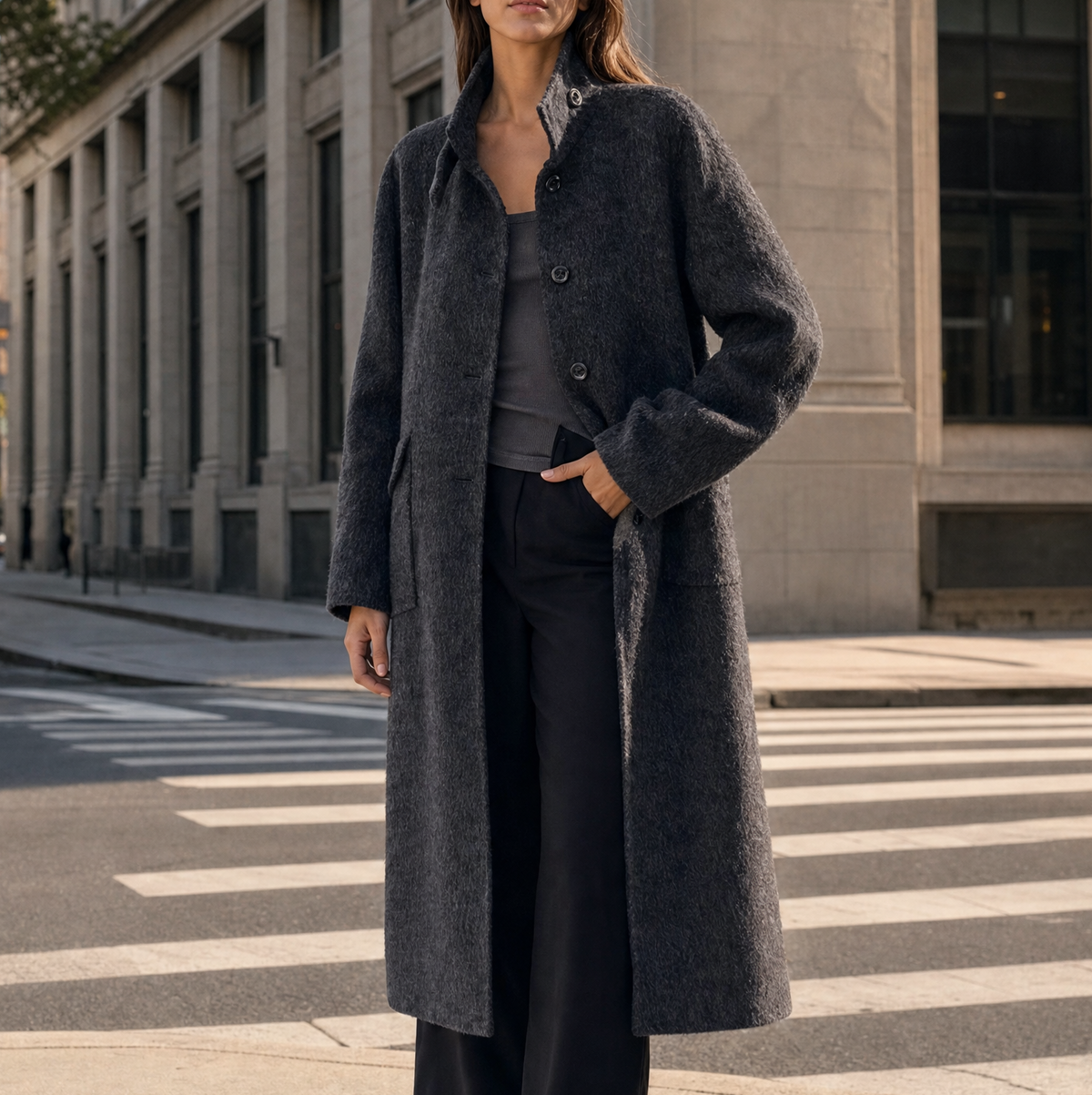 Women's Luxury Woven Wool Overcoat Long Stand Collar Cashmere Lining Thick Warm Winter Coat 835