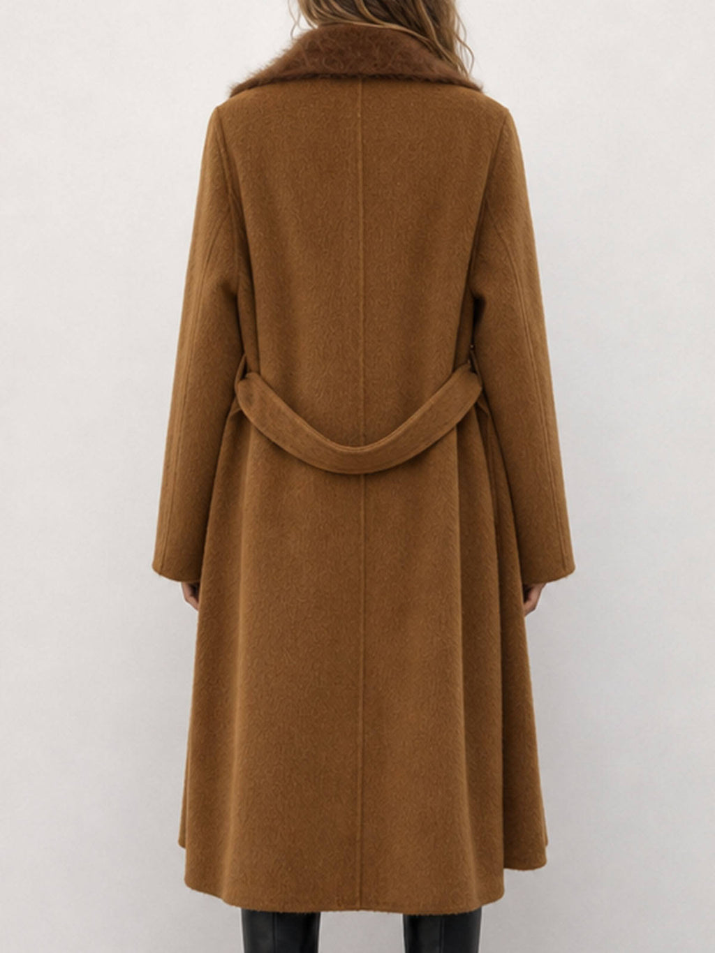 Winter Women's Formal Casual Breathable Woolen Coat with Fur Hood Long Cashmere Belt Double Faced Hand Sewn 2kg H2676
