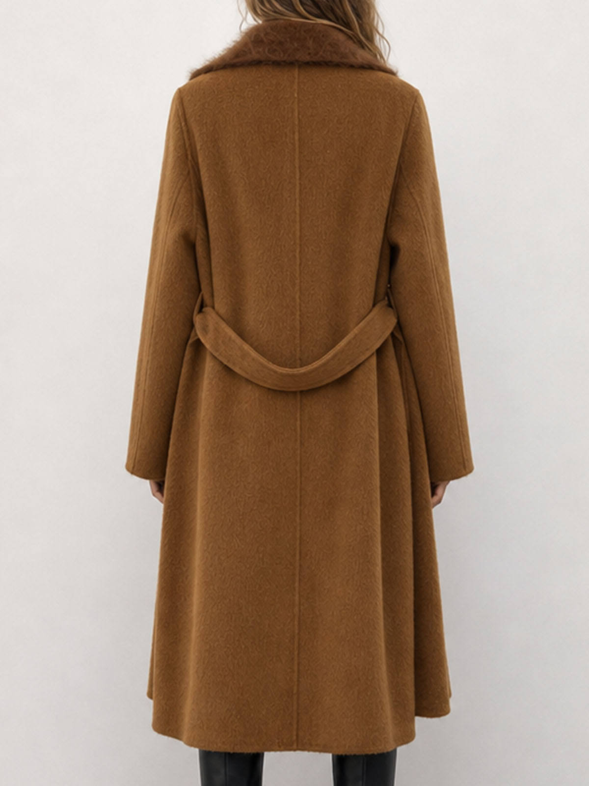 Winter Women's Formal Casual Breathable Woolen Coat with Fur Hood Long Cashmere Belt Double Faced Hand Sewn 2kg H2676