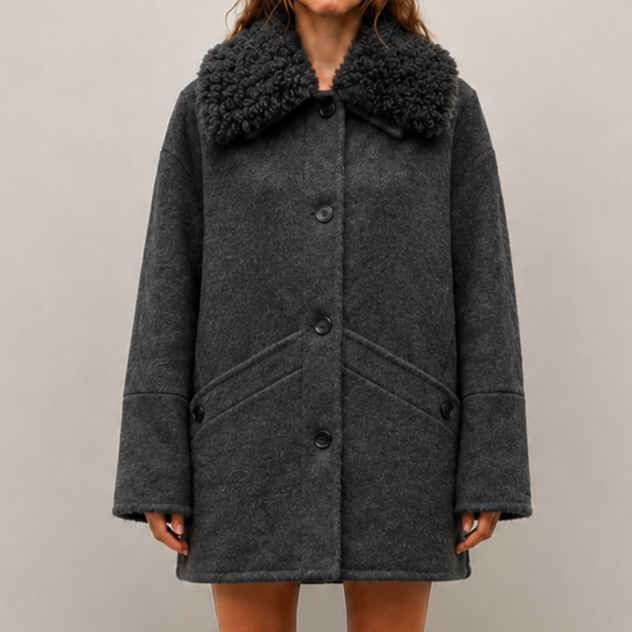 Women's Autumn Mid-Length Wool Coat with Shearling Collar, Reversible Double-Faced Wool Jacket J2613