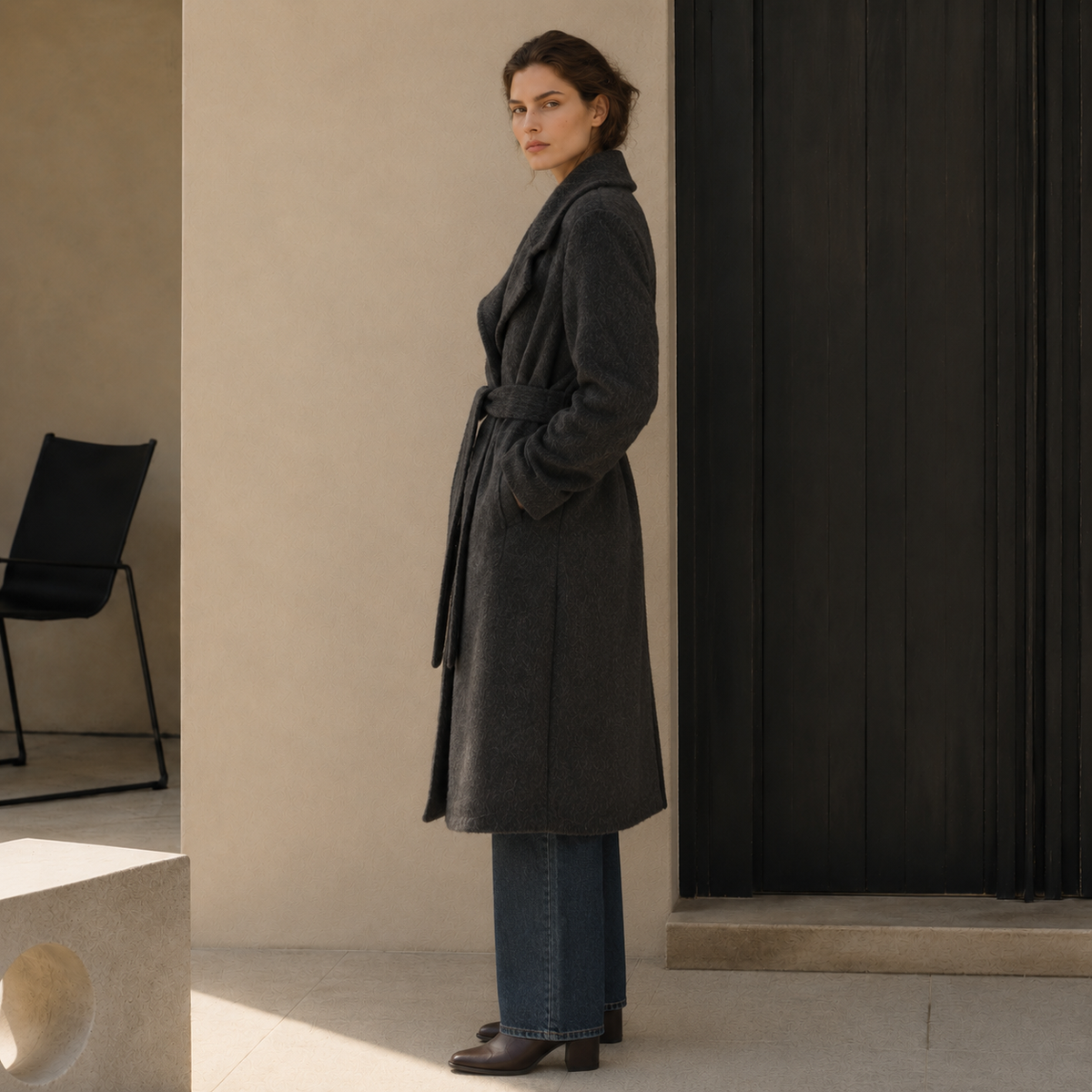 High Quality Vintage Fluffy Casual Women's Winter Overcoat Woolen Blend Breathable Full Sleeve Belt Closure GC0010