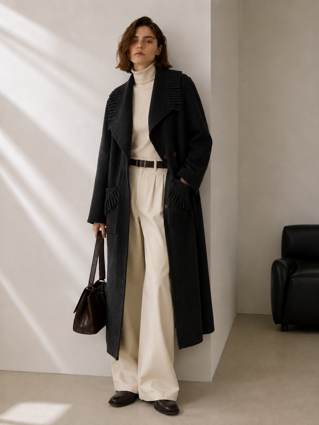 Women's Belted Cashmere Wool Blend Long Coat with Pleated Detail Elegant Winter Overcoat Hand Sewn GC0007