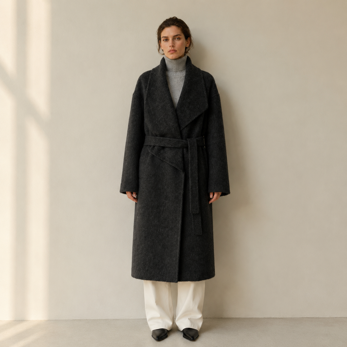 Women's Regular Winter Trench Coat Full Sleeve Turn-down Collar Single Button Closure for Wool Casual Style Cashmere Lining GC0013