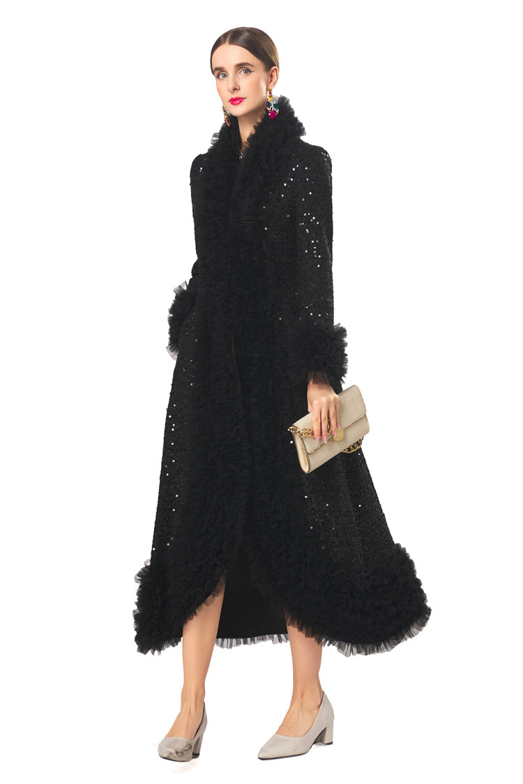 Plus Size High‑End Elegant Classic Black Fall Winter Dress, Ruffle Collar Hand Beaded Coat Dress
