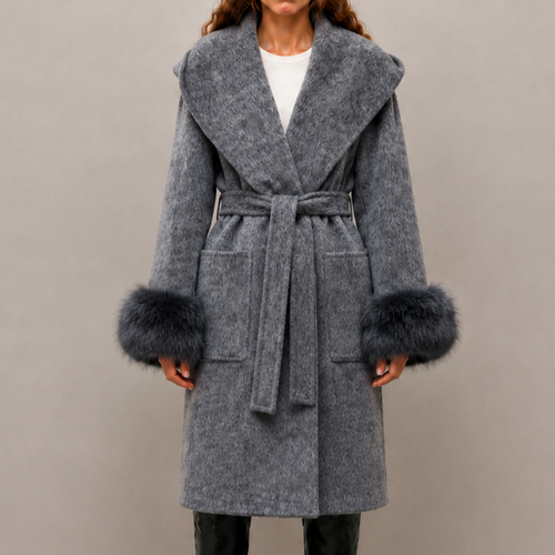 2026 New Women's Winter Wool Coat, Loose Fit with Cinched Waist, Lapel Collar, Detachable Fox Fur Trimmed Sleeves L26036