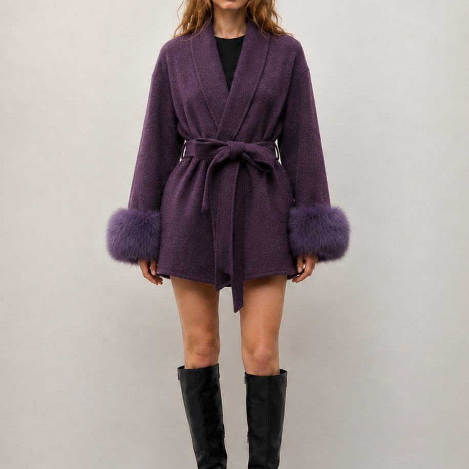 Elegant Women's Winter Coat with Detachable Genuine Fox Fur Trim Breathable Hand Sewn Wool Casual Short Length Belt Closure L26101