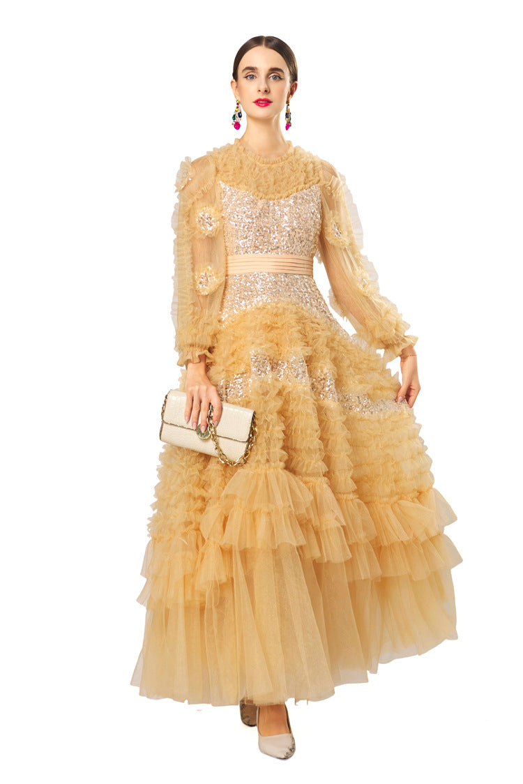 Plus Size Women Sparkly French Dress, Beaded Floral Ruffle Crew Neck Mesh Splice Multi‑Layer Dress