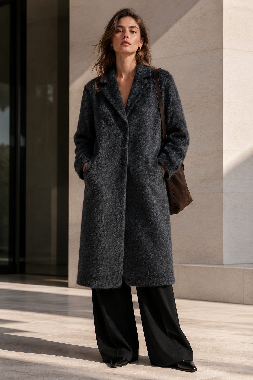 Women's Winter Formal Alpaca Blend Notch Lapel Luxury Hairy Wool Long Overcoat with Double-faced Wool and Single Buttons GC0003