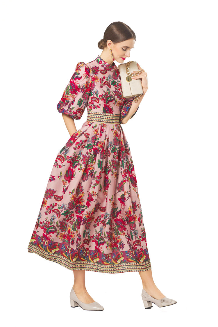 New Women Plus Size Dress, Premium Fabric Printed Cow Horn Shoulder Short Sleeve Slim Waist Dress