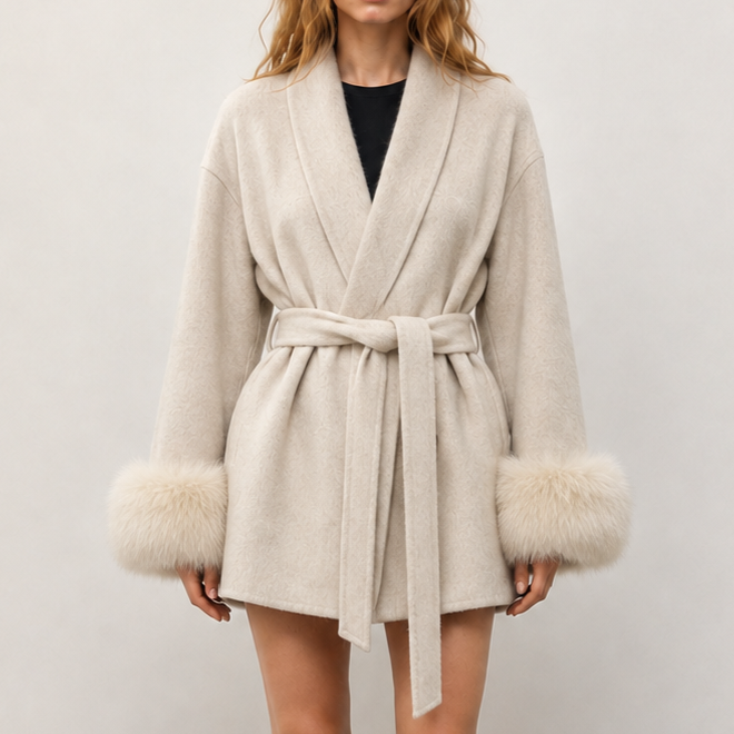 Elegant Women's Winter Coat with Detachable Genuine Fox Fur Trim Breathable Hand Sewn Wool Casual Short Length Belt Closure L26101