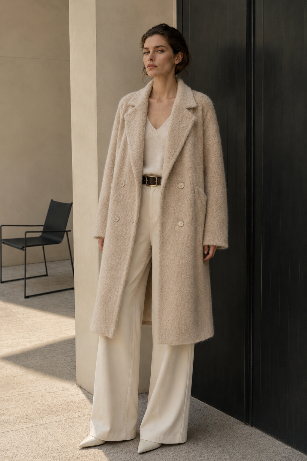 Women's Winter Vintage Woolen Cashmere Alpaca Blend Double Breasted Belted Coat Elegant Regular Overcoat Solid Pattern Made GC0048