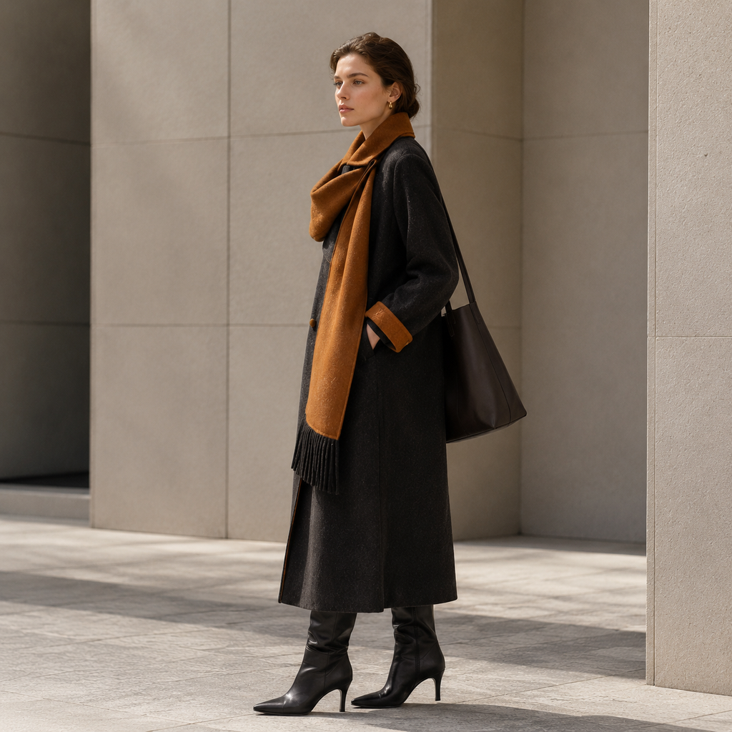 2026 New Arrival Winter Women's Charcoal Wool Coat Integrated Scarf Single Button Minimalist Longline Overcoat Thick GC0005