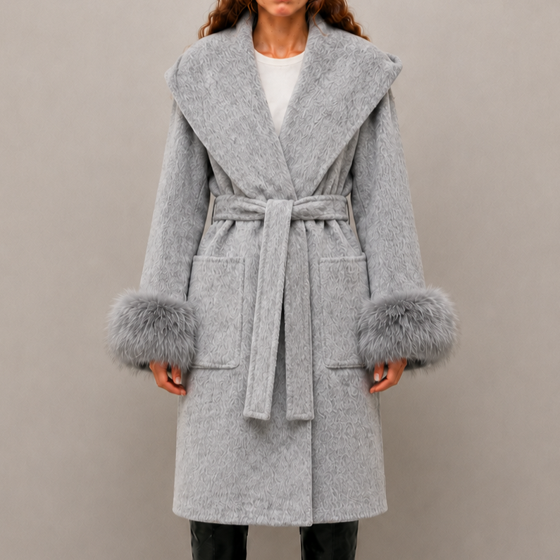 2026 New Women's Winter Wool Coat, Loose Fit with Cinched Waist, Lapel Collar, Detachable Fox Fur Trimmed Sleeves L26036