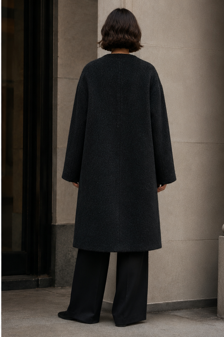 Women's Alpaca Blend Collarless Long Coat Casual Elegant Hairy Wool Winter Overcoat Single Button Thick Solid Color GC0004