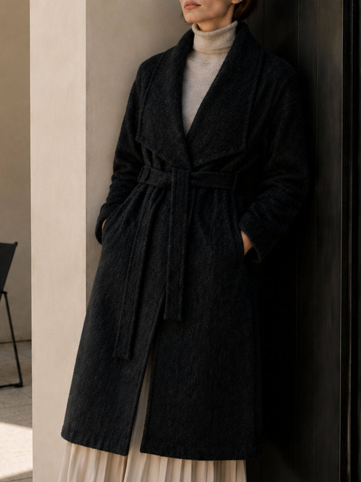 Women's High Street Style Eco-Friendly Charcoal Grey Woolen Winter Coat Single Button Turn-down Collar Double Face GC0009