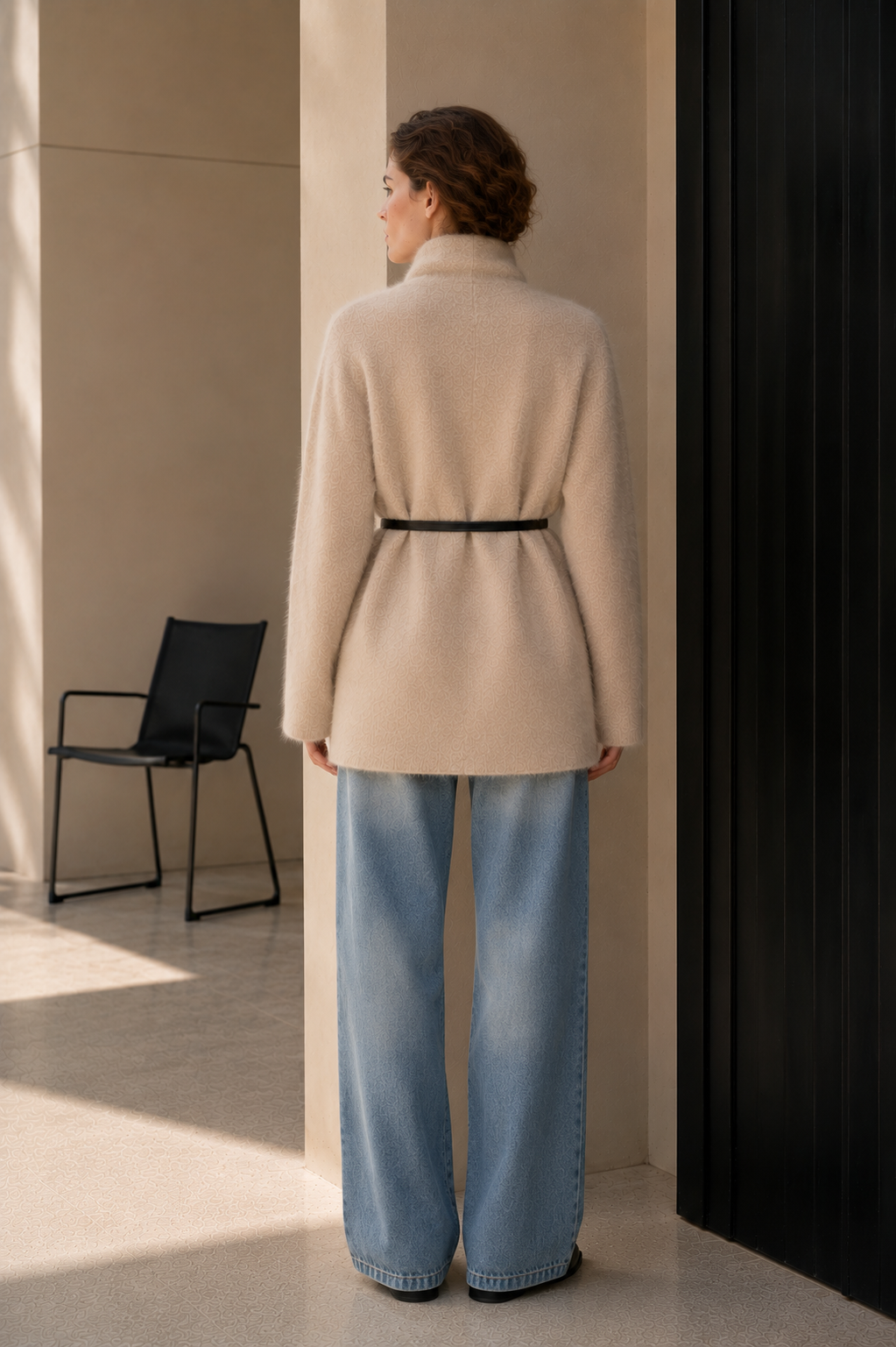 Women's Winter Wool Blend Fuzzy Thick Solid Color Hand-sewn Coat Belted Long Hair Minimalist Luxury Outerwear GC0044
