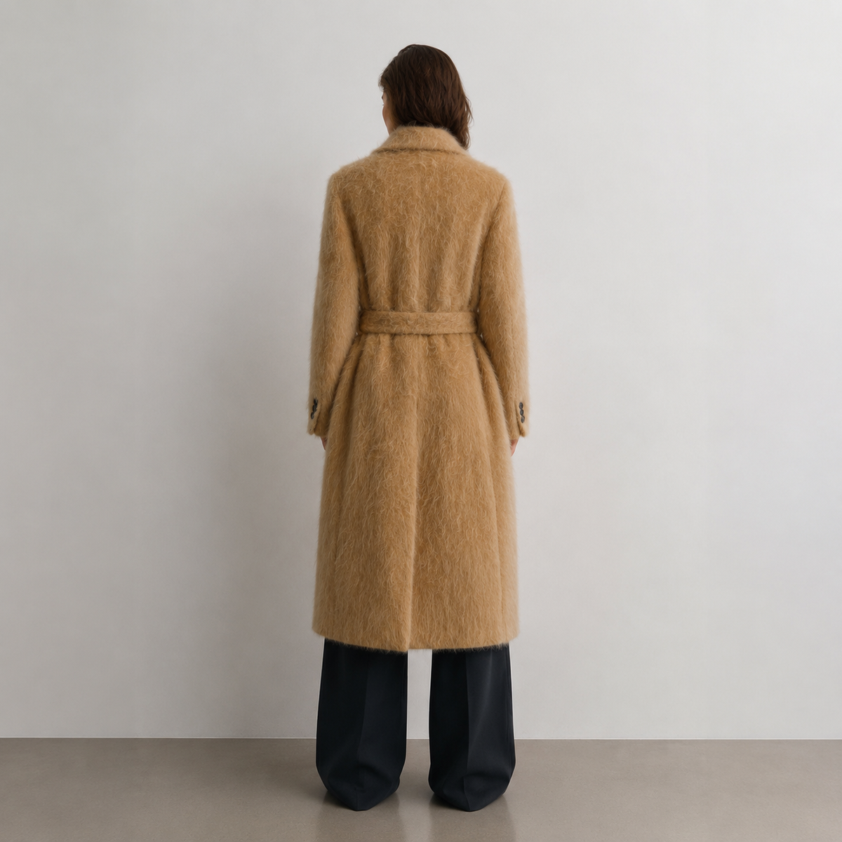 Elegant Casual Camel Hairy Wool Double Breasted Belted Winter Coat for Women Windproof Warm Keeper GC0031
