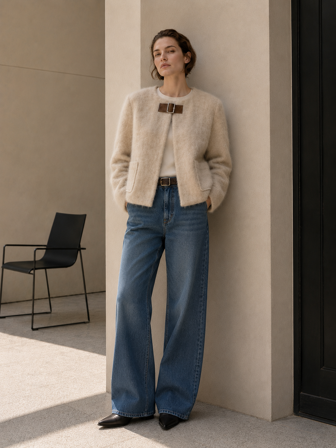  Women's Winter Woolen Collarless Mohair Blend Open Front Elegant Solid Color Full Sleeve Regular Length Jacket Leather Buckle GC0039