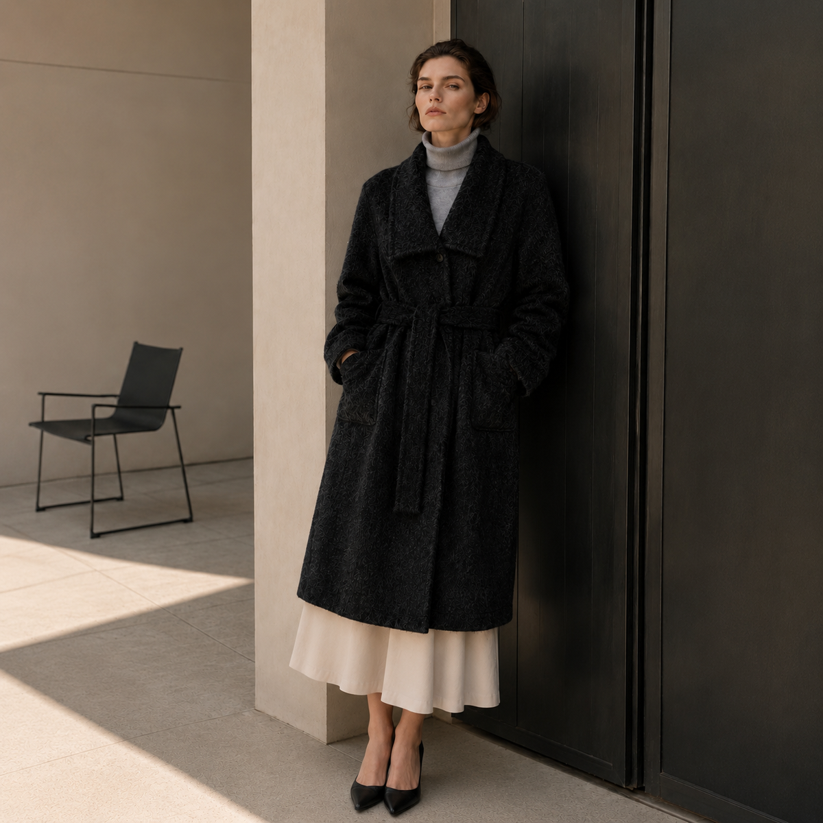 Women's Casual Style Regular Winter Trench Coat Woolen Cashmere Lining Nonwoven Weaving Single Button Belt Closure GC0026