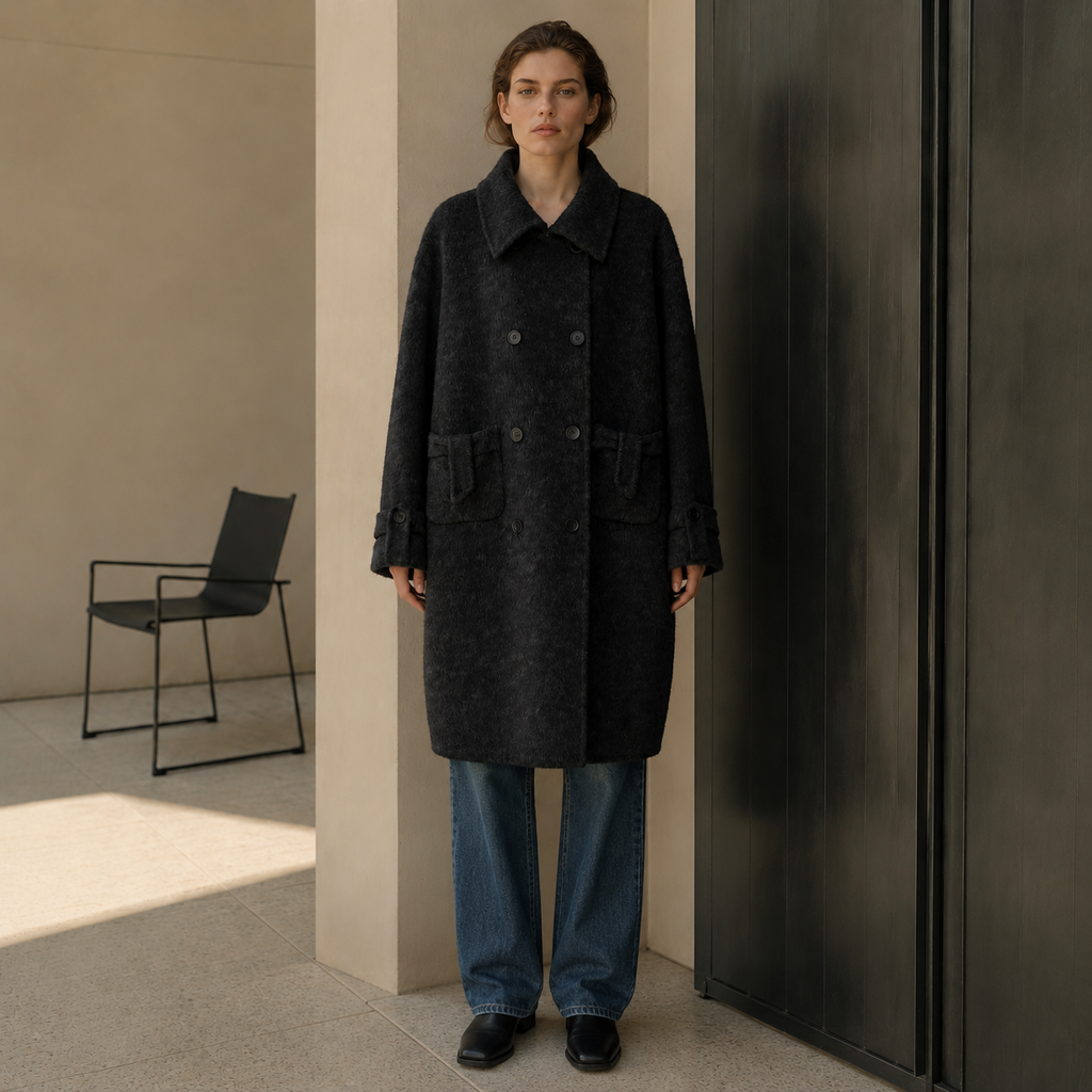 Women's Eco-Friendly Winter Double Breast Woolen Overcoat Casual Solid Long Coat Filled Cotton Lined Polyester Button Detail GC0019