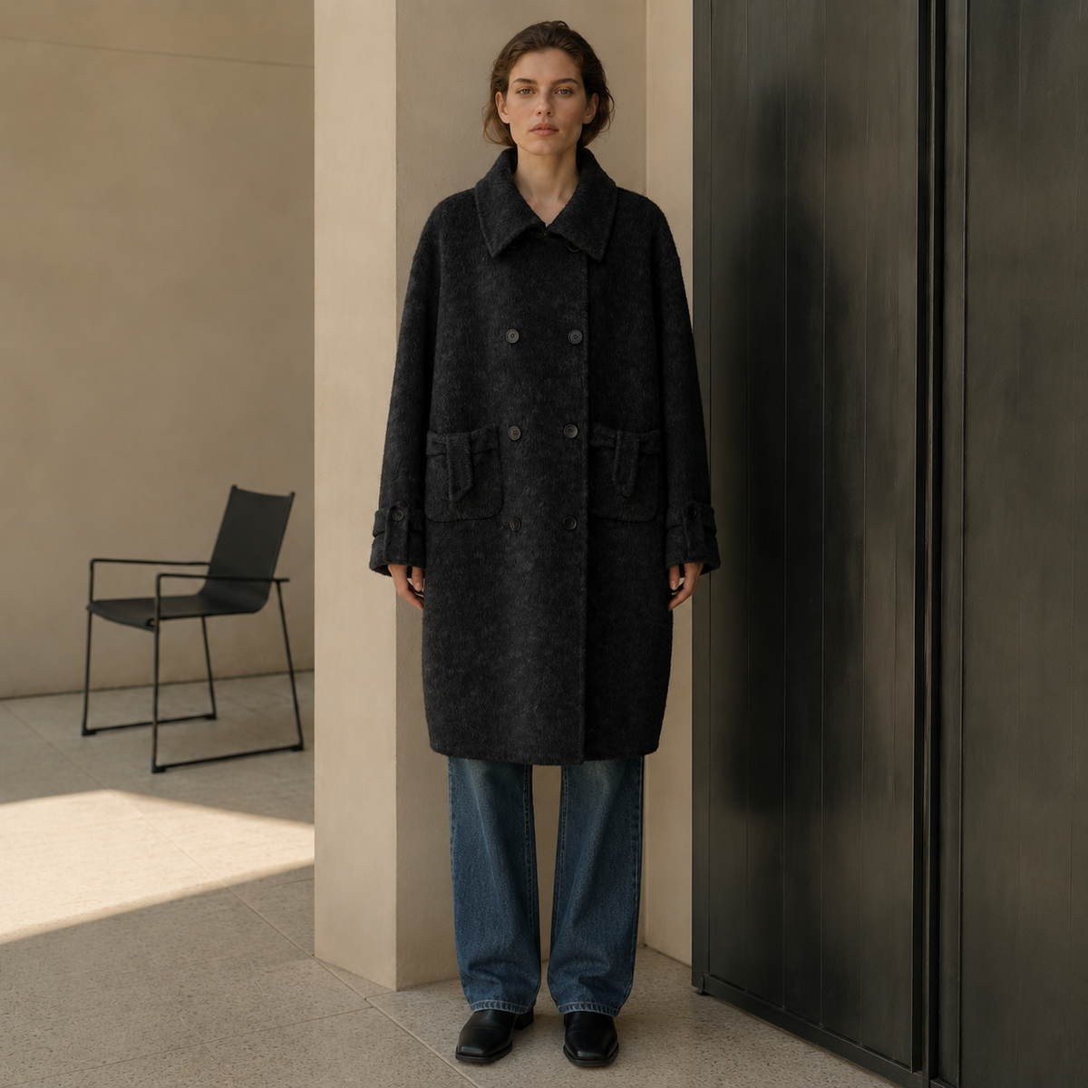 Women's Eco-Friendly Winter Double Breast Woolen Overcoat Casual Solid Long Coat Filled Cotton Lined Polyester Button Detail GC0019