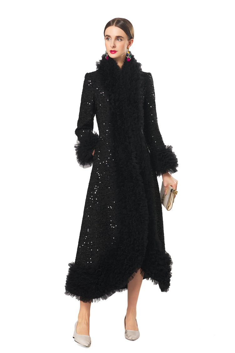 Plus Size High‑End Elegant Classic Black Fall Winter Dress, Ruffle Collar Hand Beaded Coat Dress